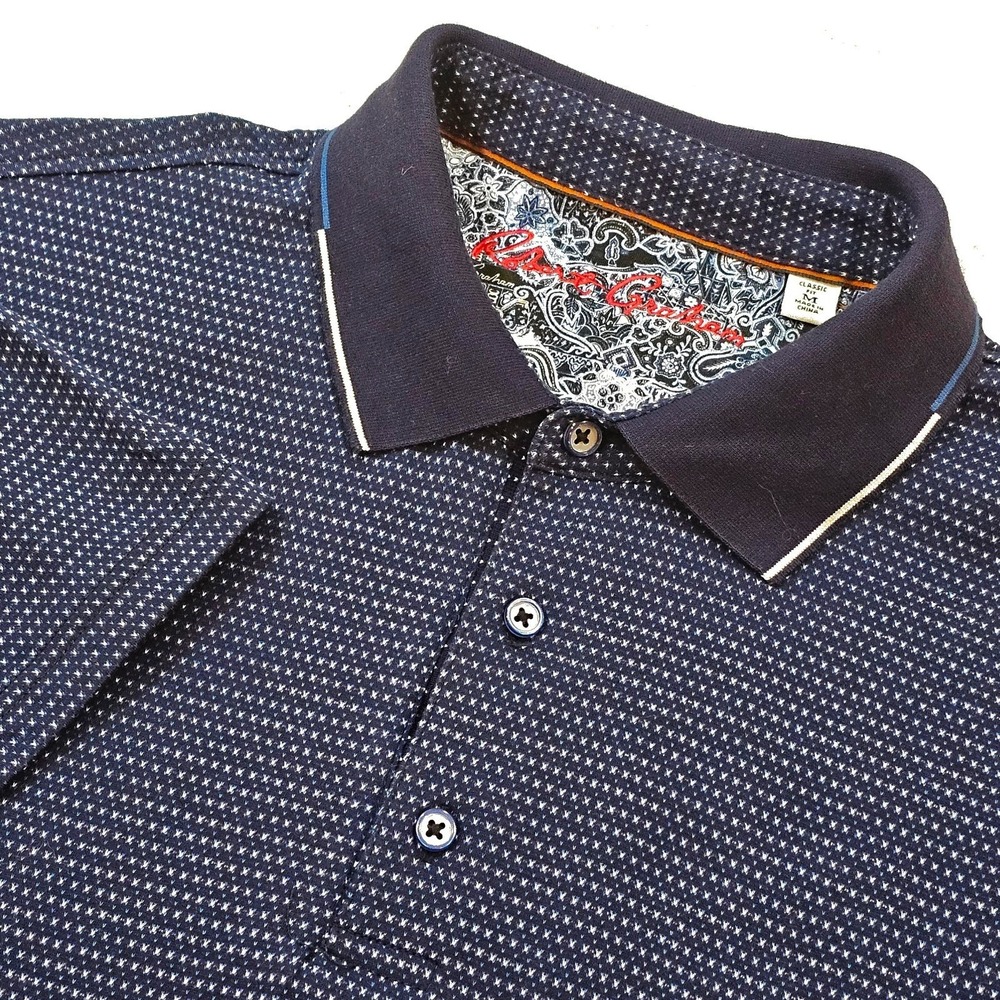 Robert Graham Mens Large Navy Micro Geometric Paisley Trim Tipped Collar Polo